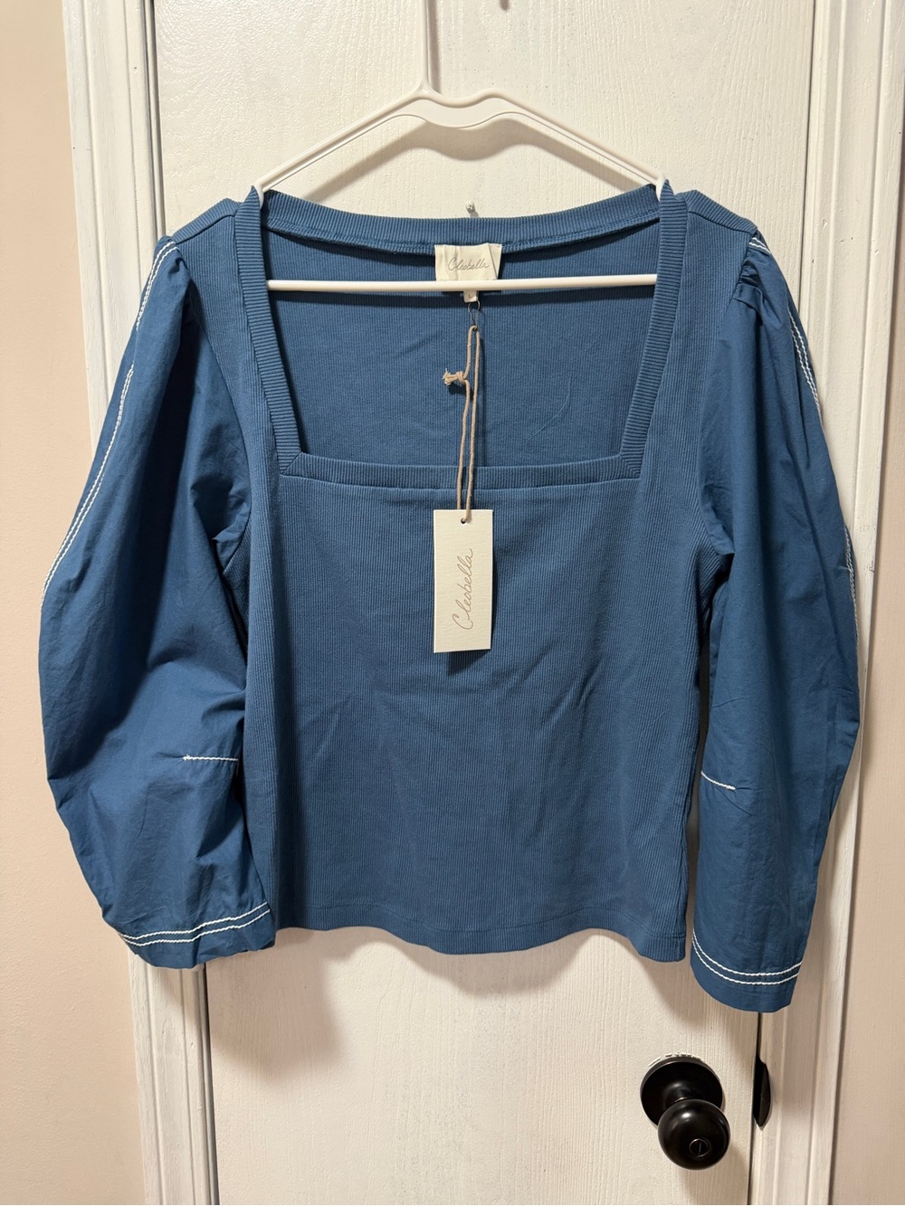 Cleobella Dusty Blue Square-Neck Puff Sleeve Top